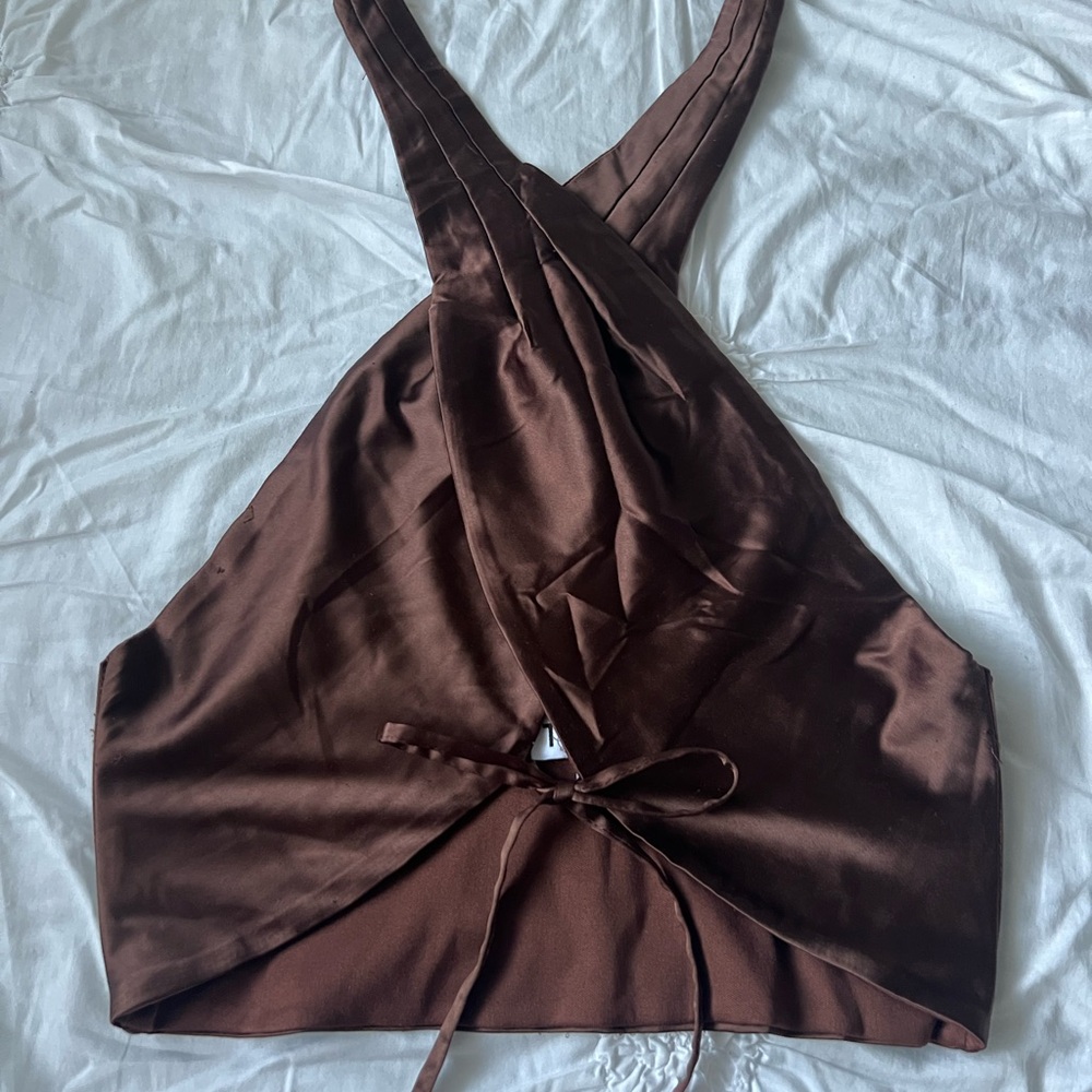 Brown Satin Crossover Halter Top